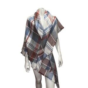 Zara Accessories Oversized Blanket Scarf Shawl  Blue  Plaid Soft Brushed Texture